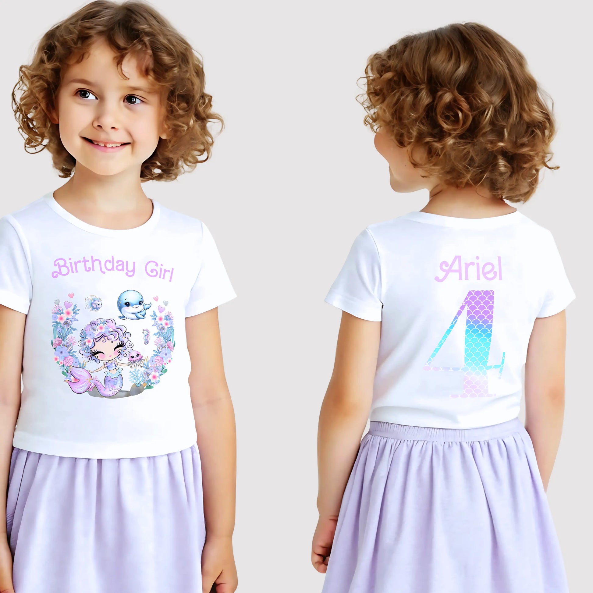 Personalised Mermaid Birthday T-shirt for Girls with Front and Back Design AishaBaileyDesigns