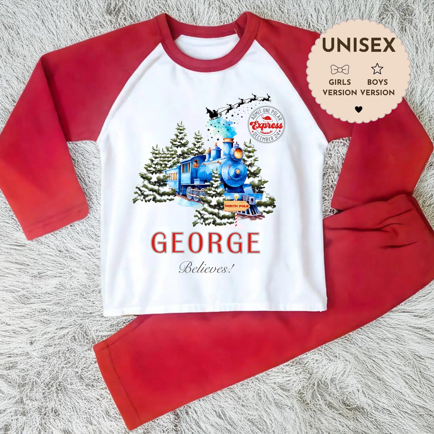 Personalised Polar Express Christmas Pyjamas for Children AishaBaileyDesigns