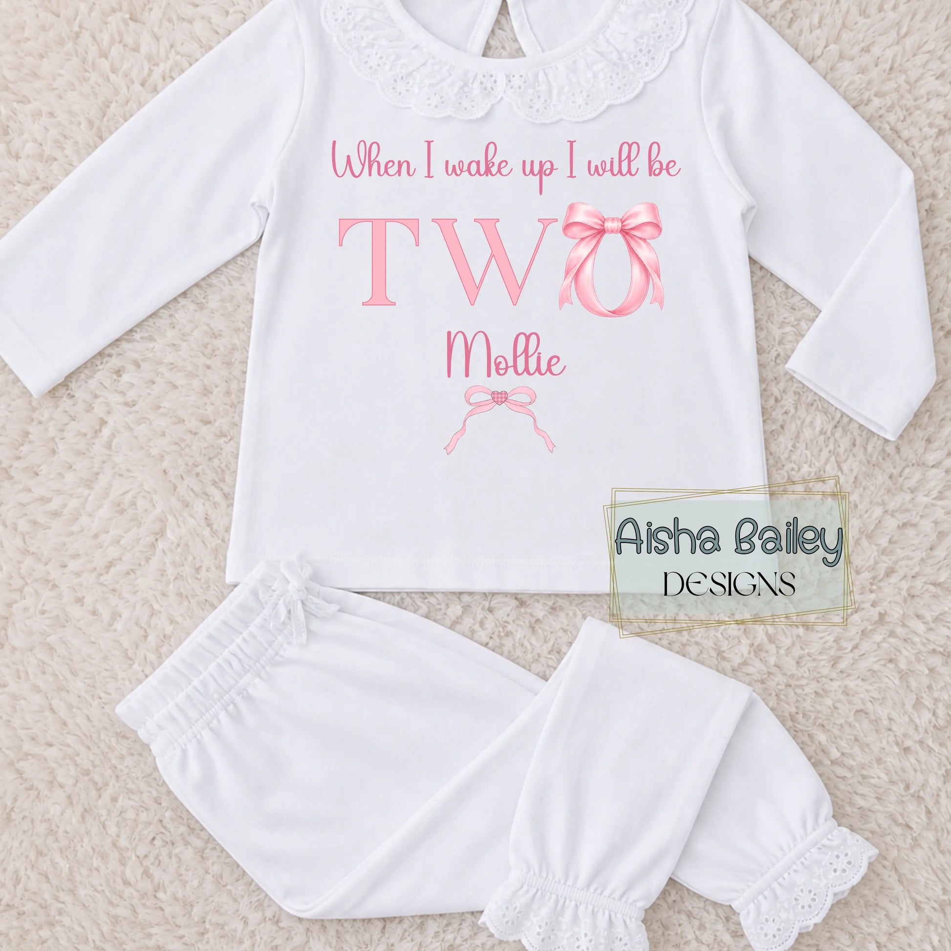Personalised birthday pyjamas for girls with pink bow design