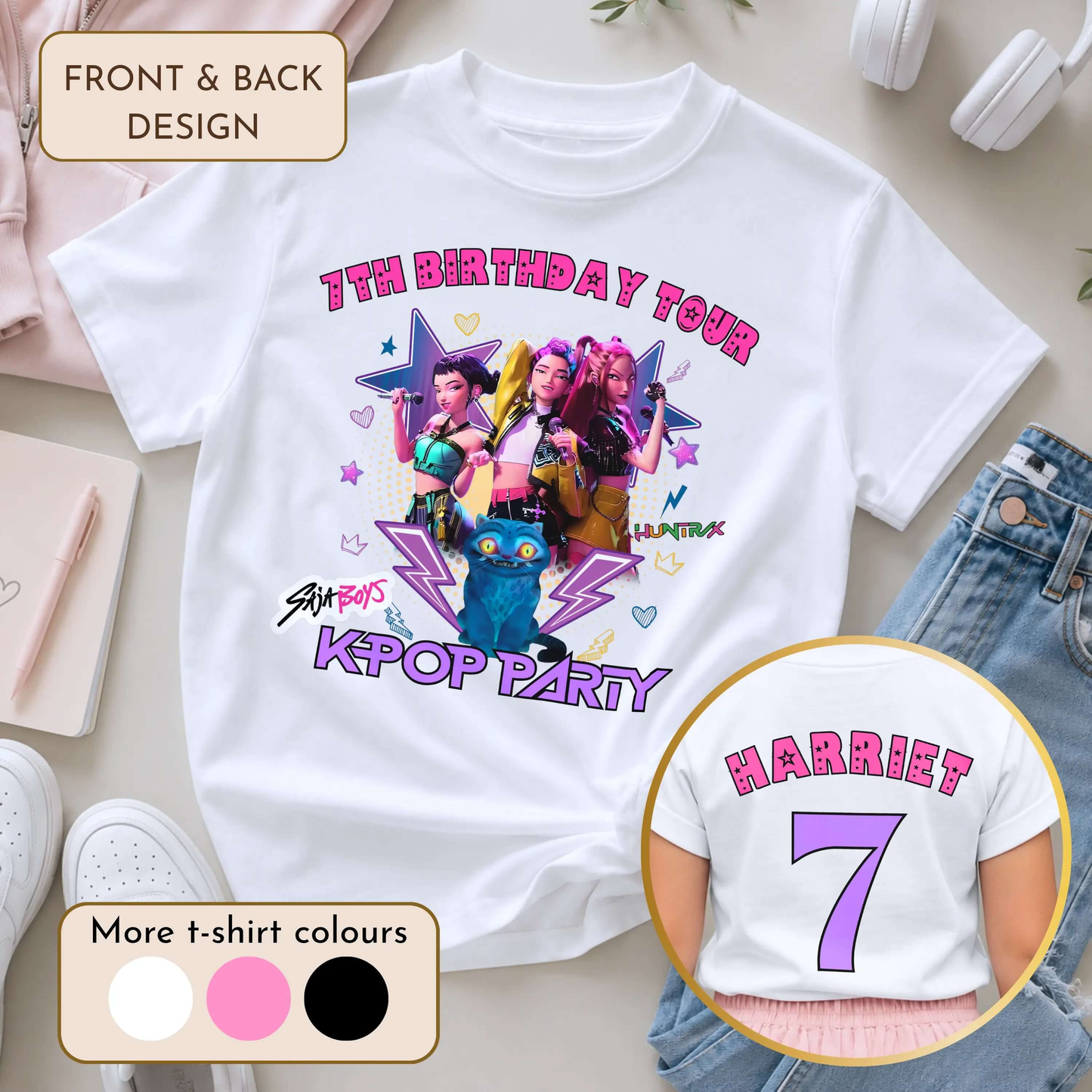 Personalised Kpop Demon Hunters Birthday T-Shirt for Girls with colourful front design and custom name and age printed on the back.