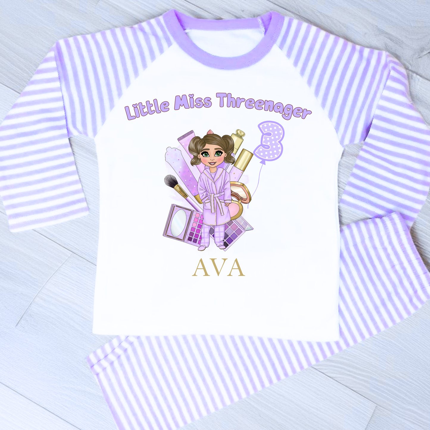 Personalised Threenager Birthday Pyjamas for Girls | Custom Makeup Dolly PJs - 3rd Birthday PJs AishaBaileyDesigns