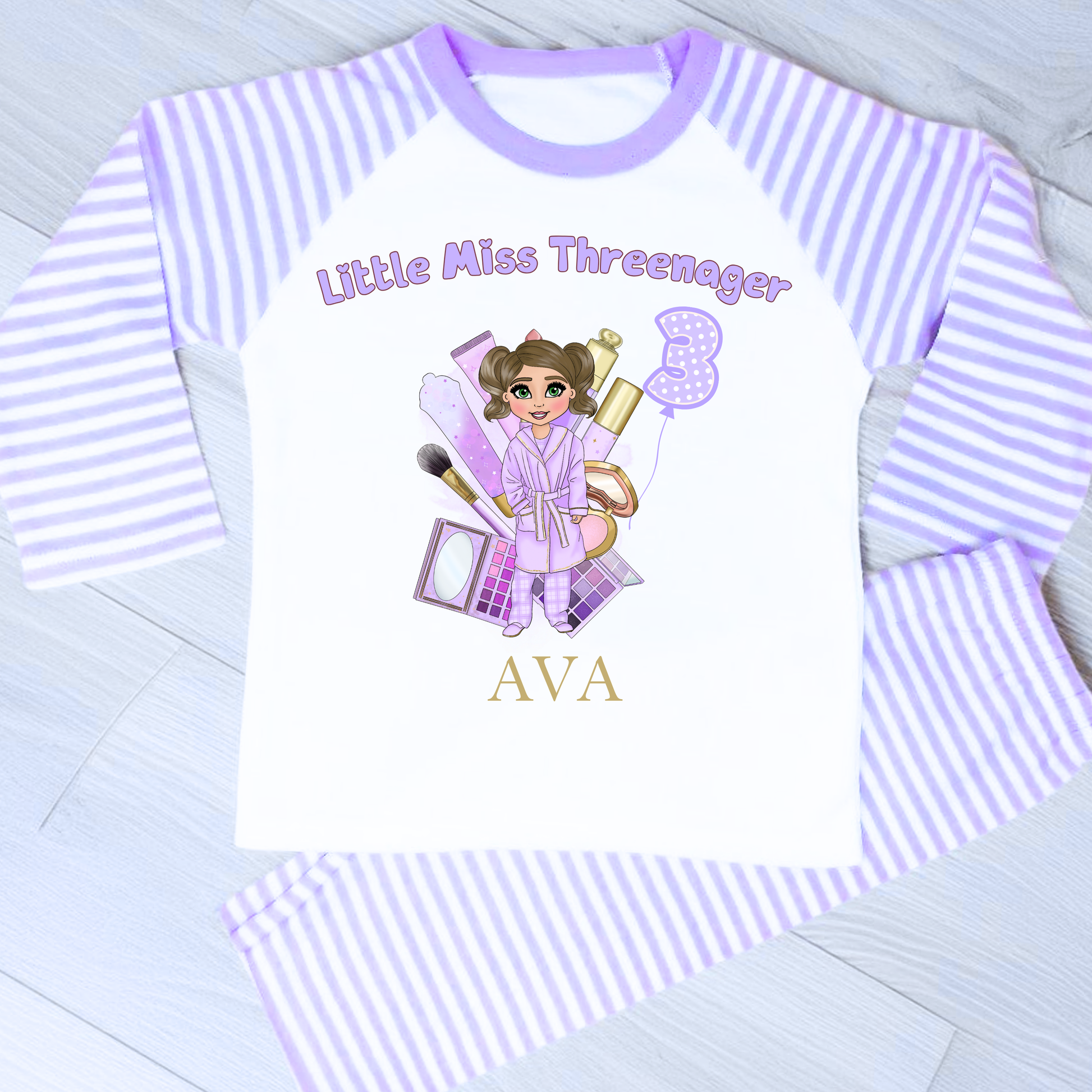 Personalised Threenager Birthday Pyjamas for Girls | Custom Makeup Dolly PJs - 3rd Birthday PJs AishaBaileyDesigns