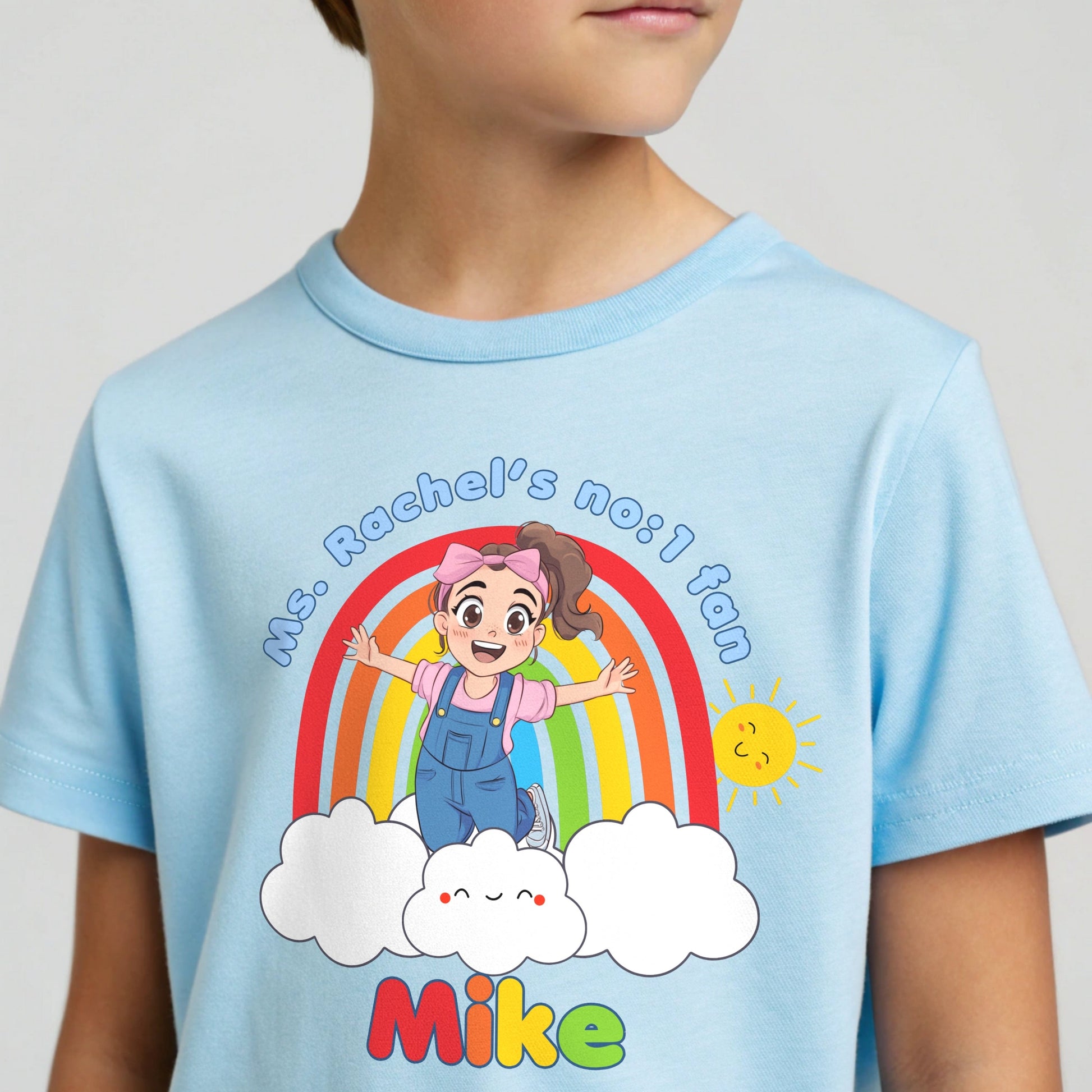 Boys personalised Ms Rachel T-shirt with rainbow and name printed on the front: Ms Rachel's no:1 fan