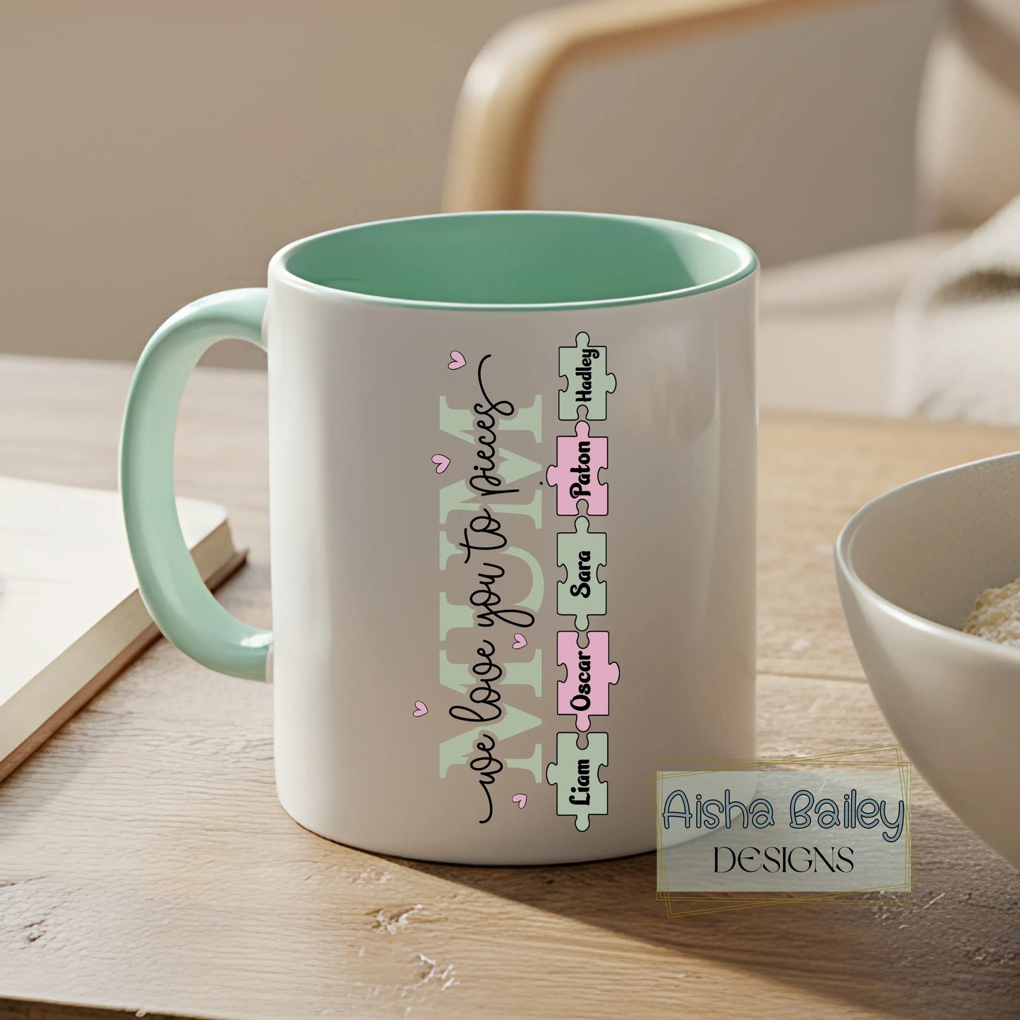 Personalised mum mug with We Love You To Pieces puzzle design and custom names, thoughtful gift for mum for mother's day