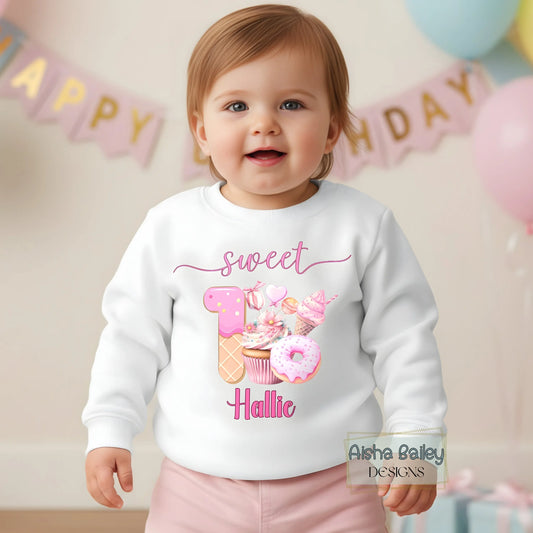 1st Birthday Sweatshirt - Personalised sweet one birthday sweatshirt for baby girl with ice cream donut design and custom name
