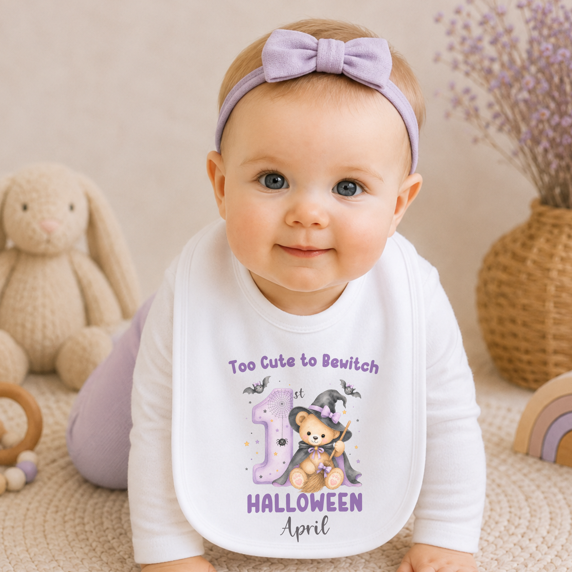 Personalised First Halloween Baby Outfit: Baby’s First Halloween personalised baby girl bodysuit with name, teddy bear witch, bats and first Halloween design.