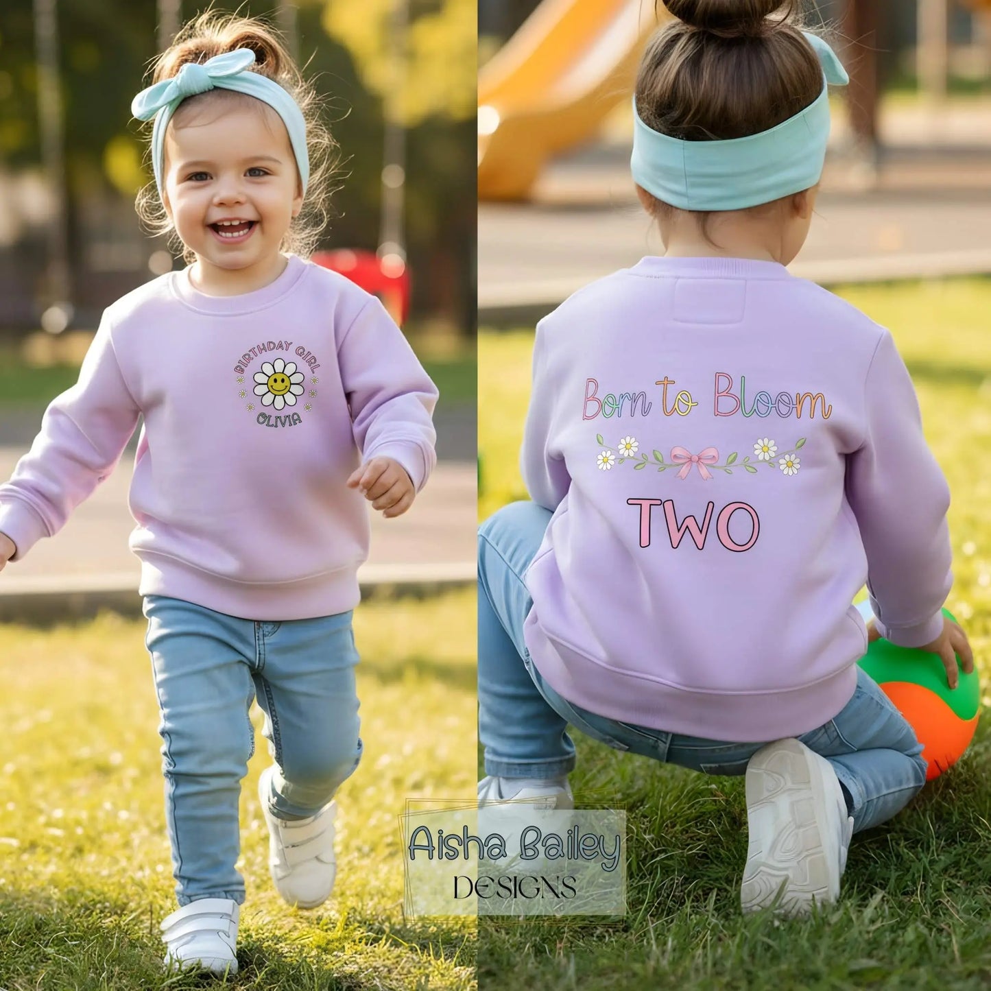 Birthday Girl Sweatshirt personalised with name and age, daisy birthday design and Born to Bloom back print