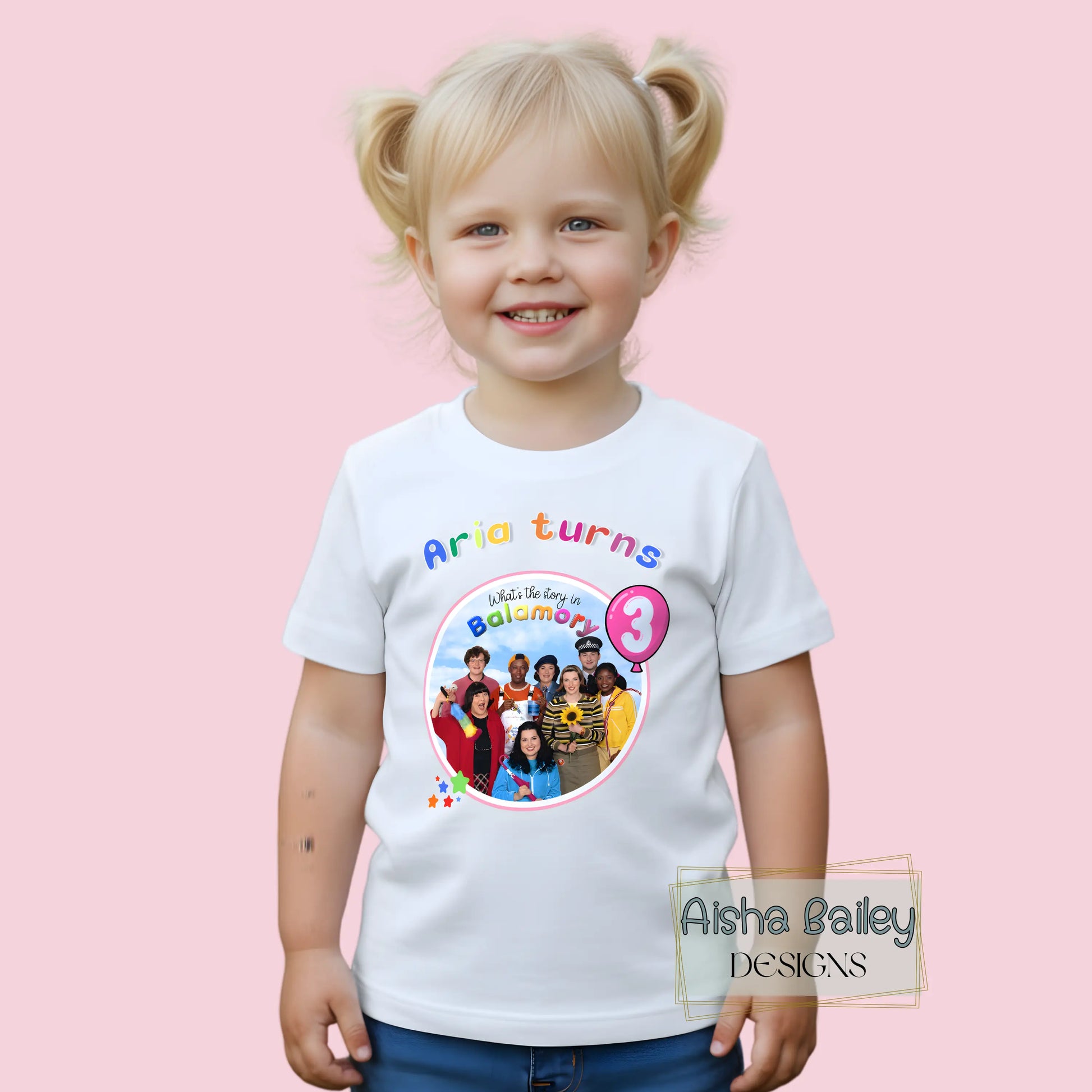 Personalised Balamory birthday t-shirt for girls with custom name and any age colourful toddler birthday shirt