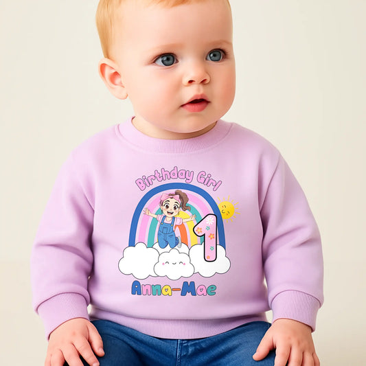 Ms Rachel birthday sweatshirt with custom name and age. Girls birthday gift