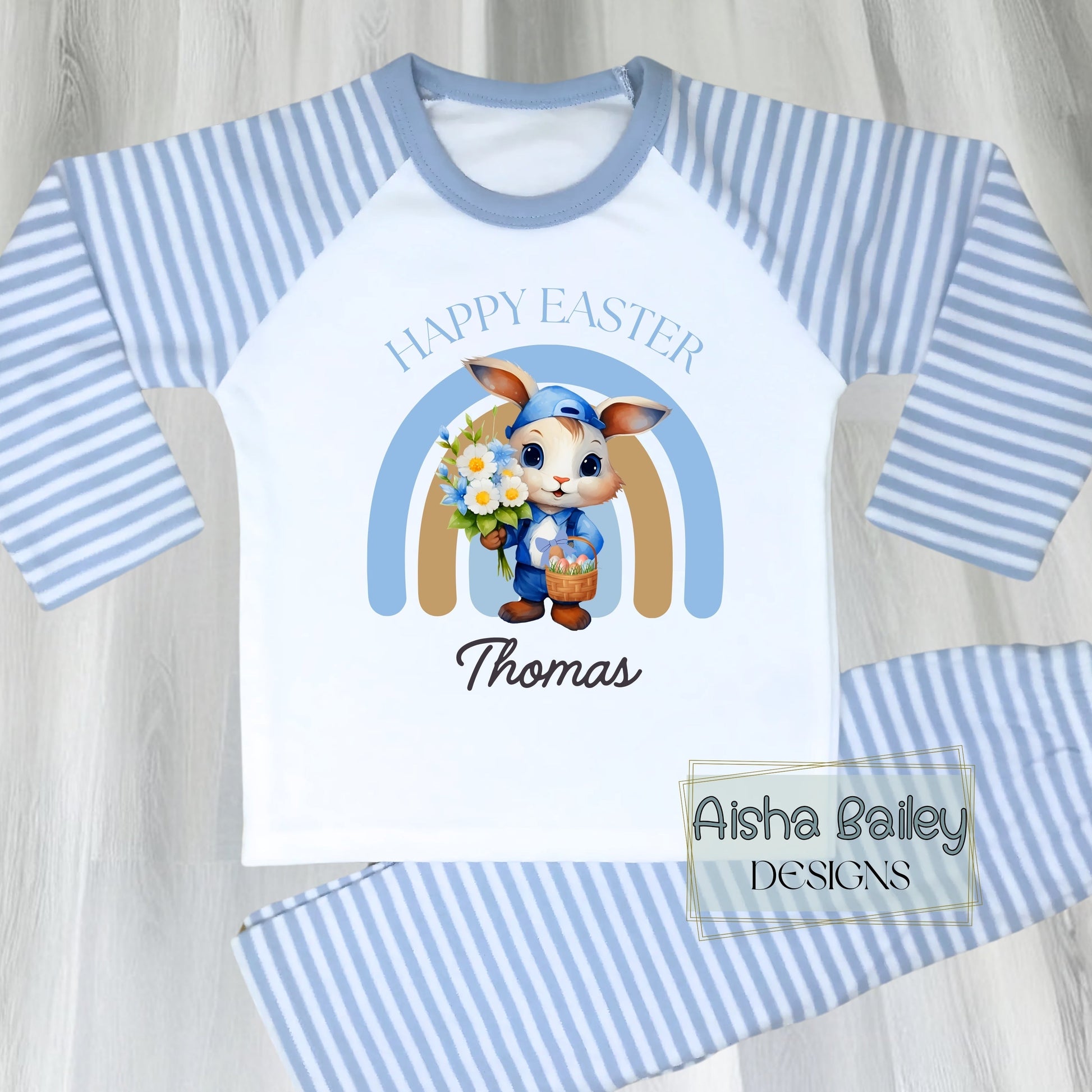 Personalised Easter Pyjamas for boys with their custom name. Easter gift with white Easter bunny