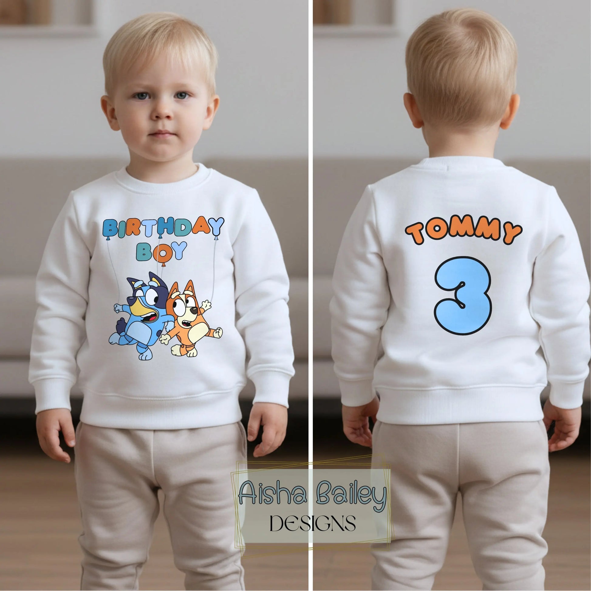 Personalised Bluey birthday boy sweatshirt for toddlers featuring a fun “Birthday Boy” design with Bluey characters on the front, and custom name “Tommy” with a large number 3 printed on the back. Made from soft, high-quality fabric for all-day comfort, this custom kids birthday outfit is perfect for parties, photos, and everyday wear. Ideal personalised Bluey jumper for boys, combining cute character style with a unique name and age design.
