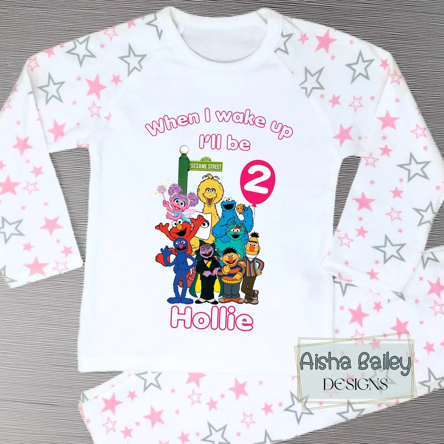 Personalised Sesame Street birthday pyjamas for Girls AishaBaileyDesigns