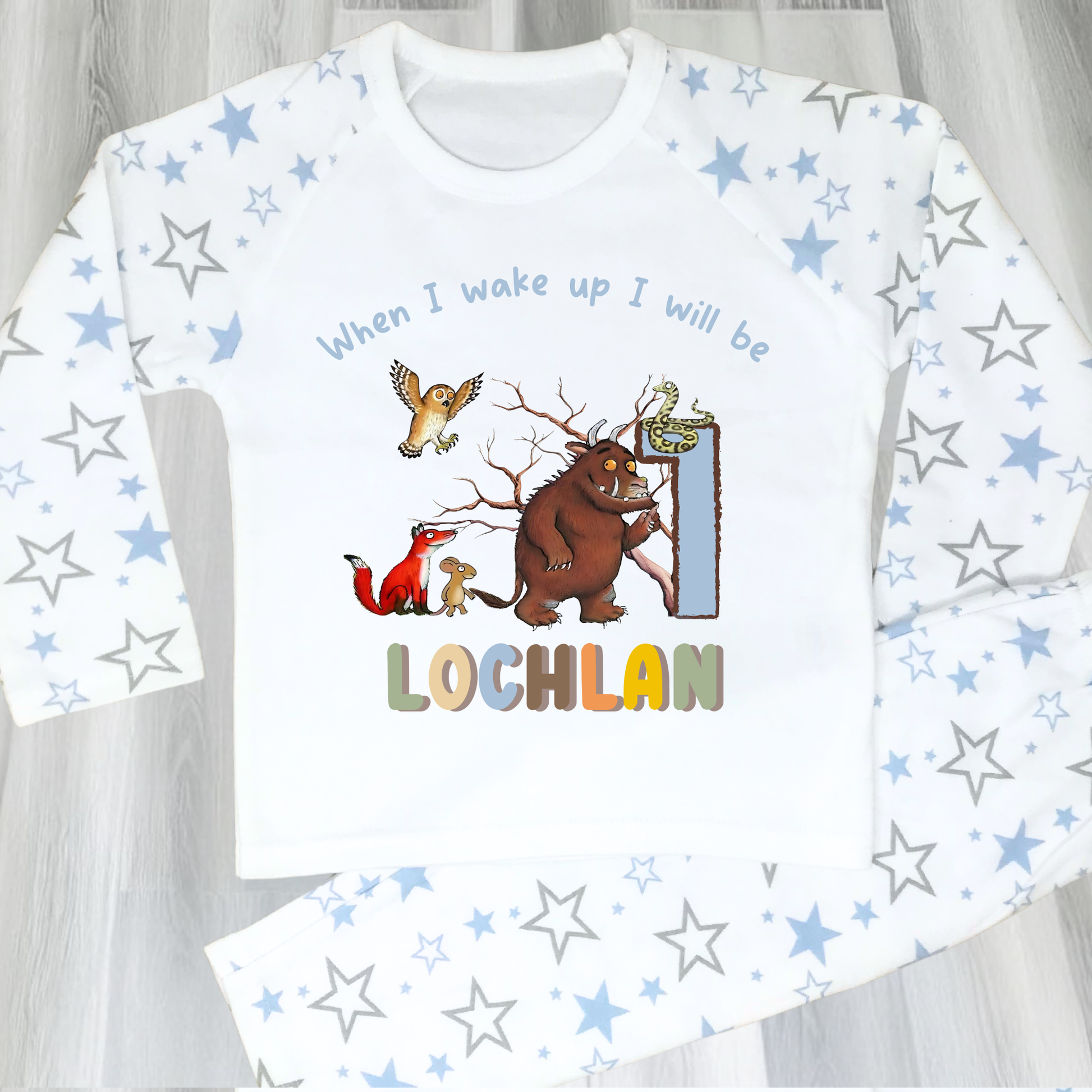Personalised Gruffalo birthday pyjamas for boys with custom name and age