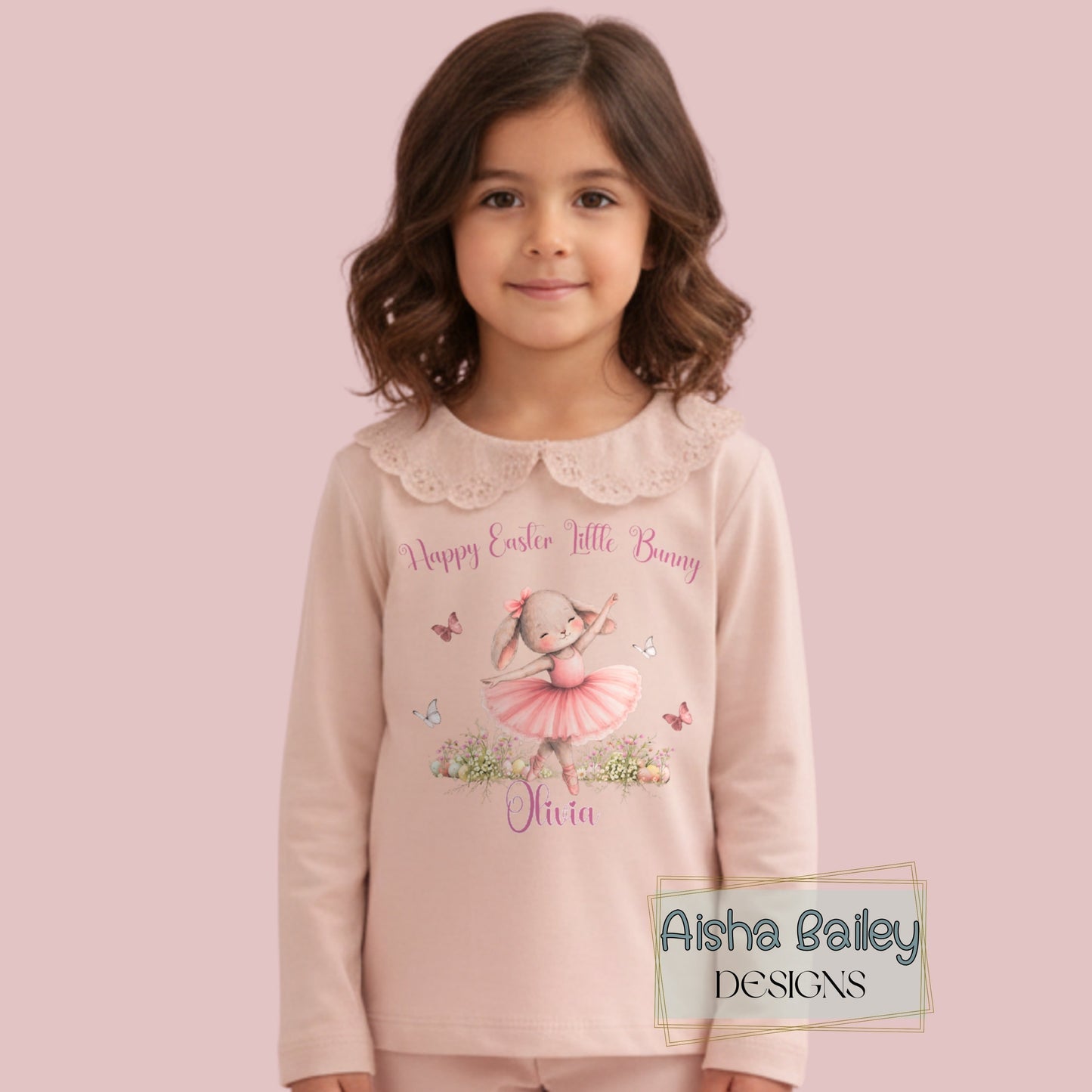Personalised Easter pyjamas for girls with ballerina bunny design, frill details, and custom name in soft pastel colours
