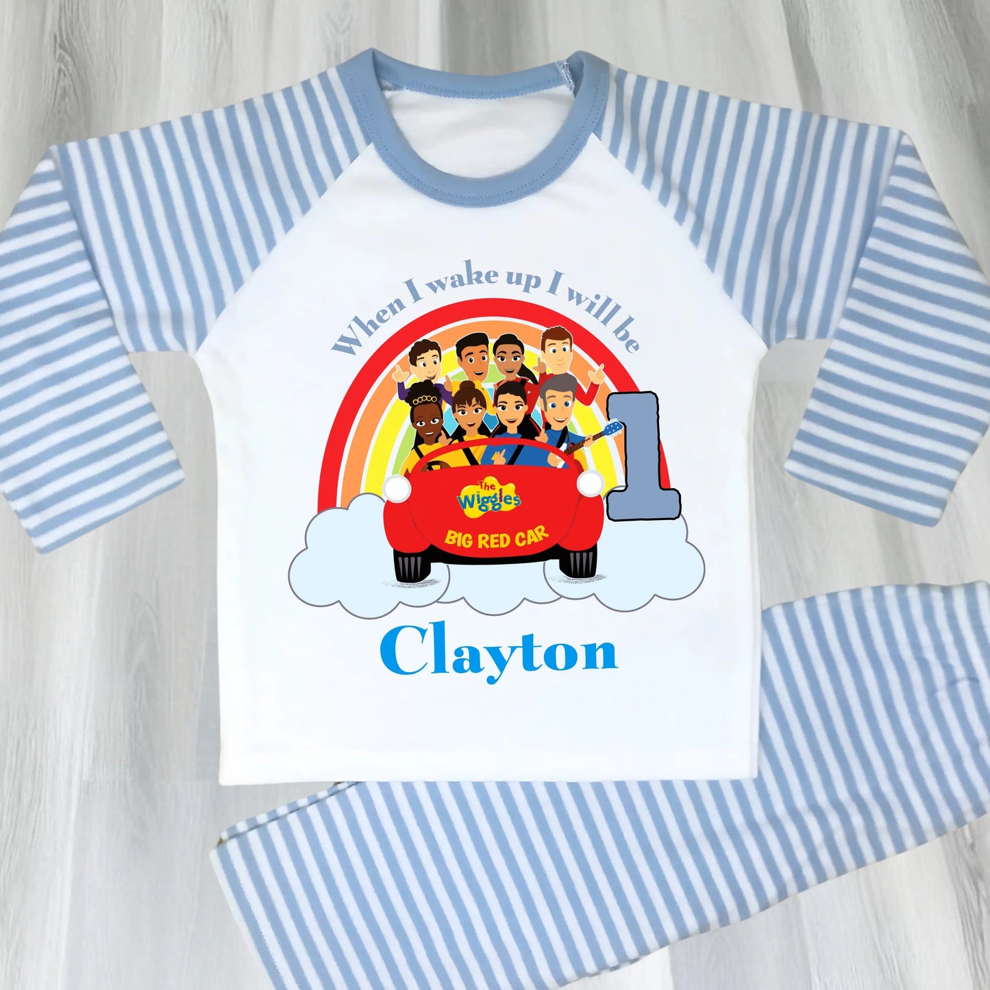 Personalised The Wiggles birthday pyjamas for boys with custom name and age, Big Red Car design.