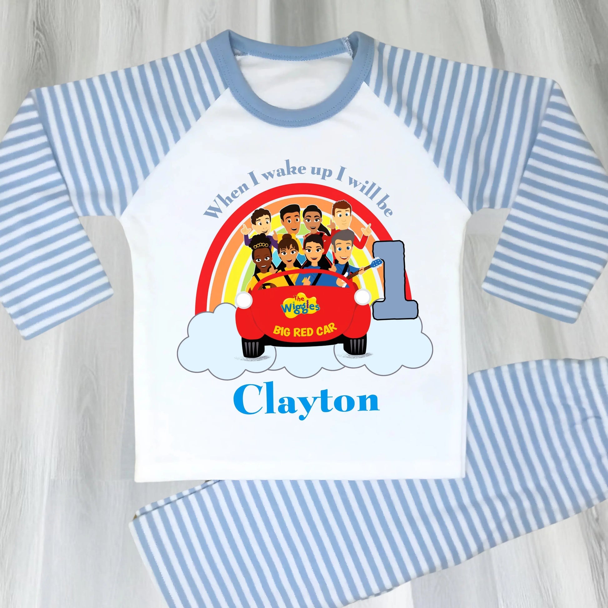 Personalised The Wiggles birthday pyjamas for boys with custom name and age, Big Red Car design.