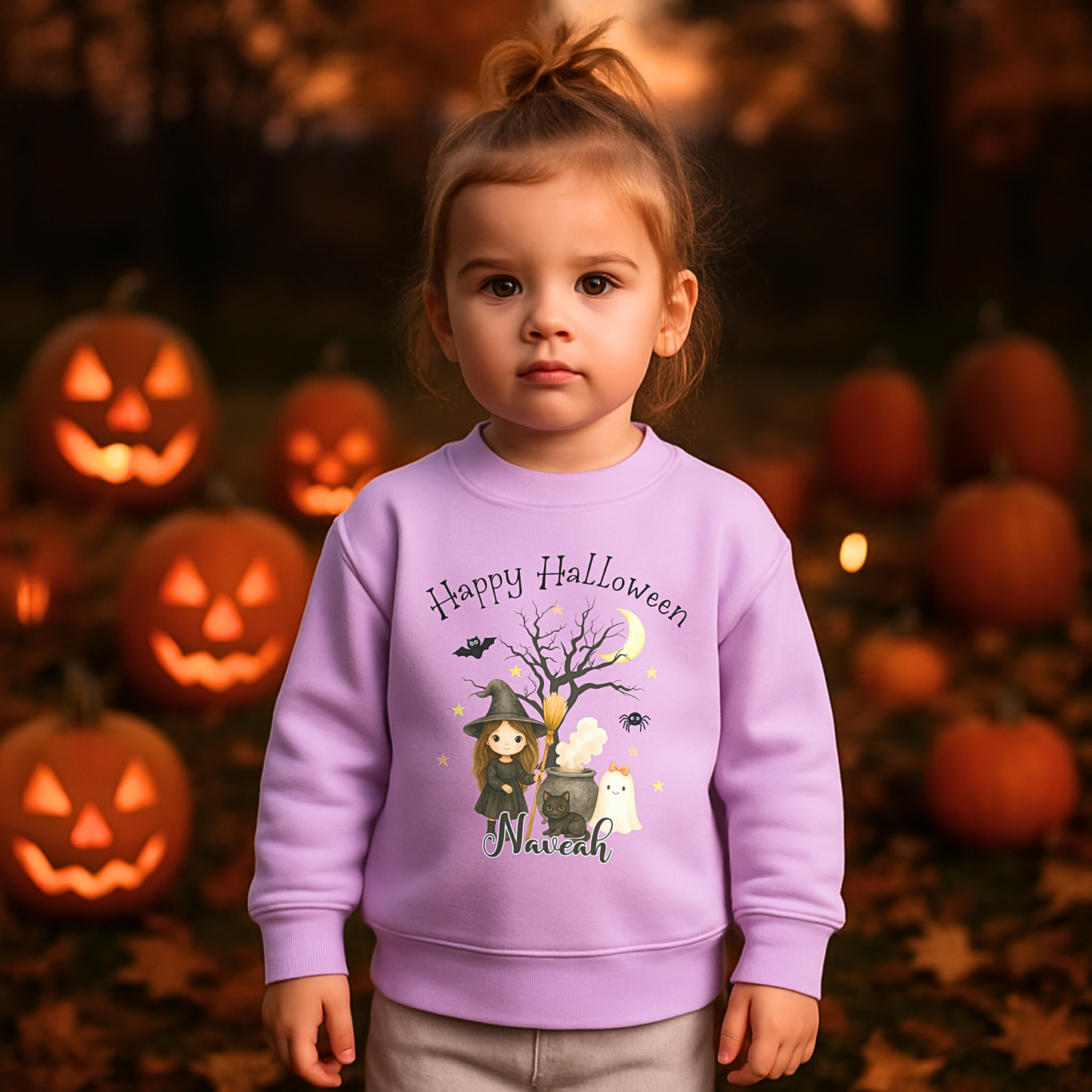 Personalised Halloween sweatshirt with cute witch design for kids, girls halloween jumper sweater with name, custom name halloween jumper