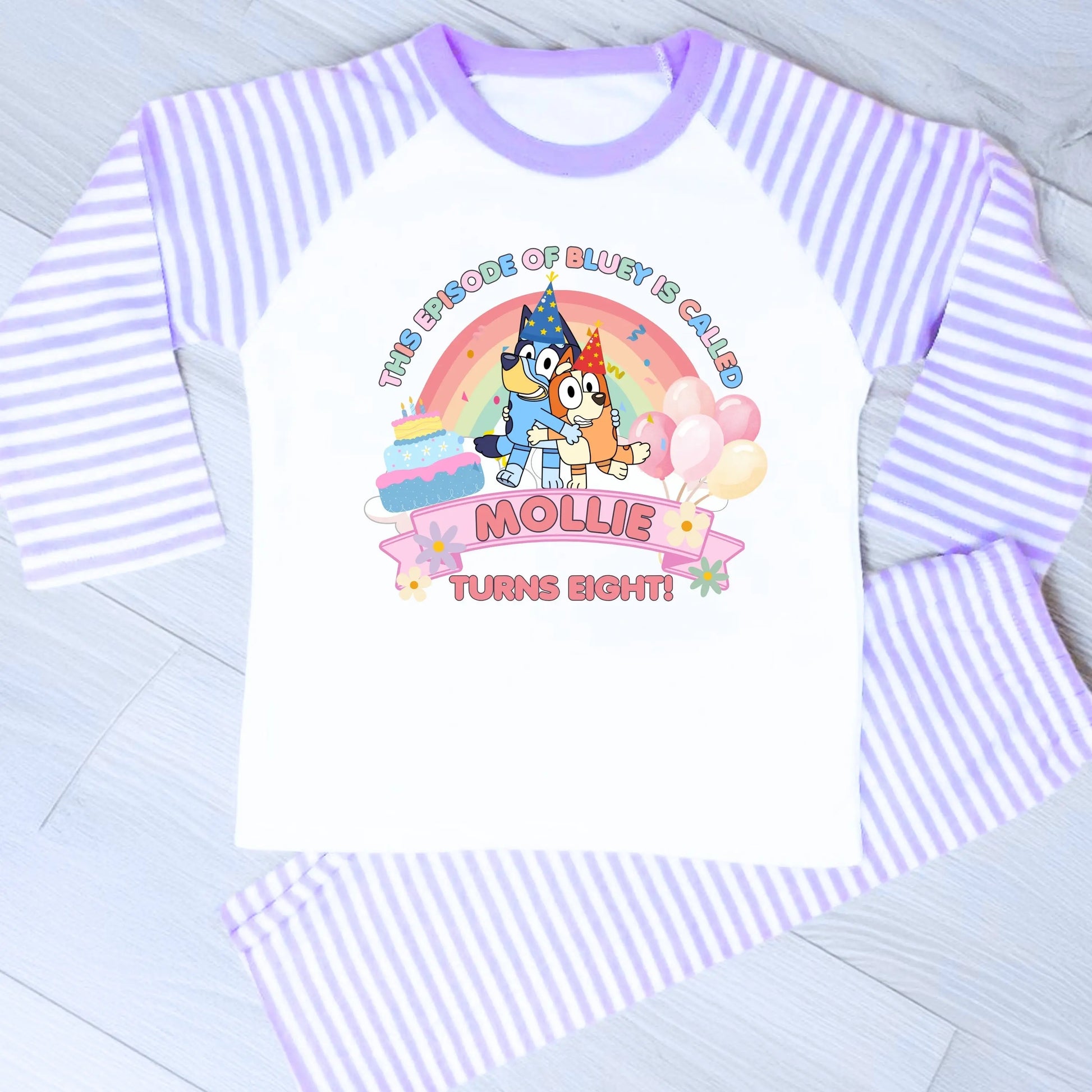 Girls’ Bluey and Bingo Birthday Pyjamas with custom birthday message and bright pastel colours.