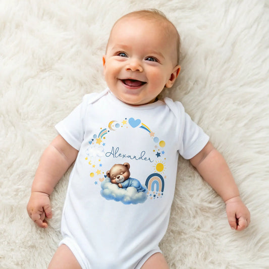 Personalised baby grow with blue sleeping bear name design, personalised baby outfit, new arrival gift, new baby boy, personalised baby boy, coming home outfit