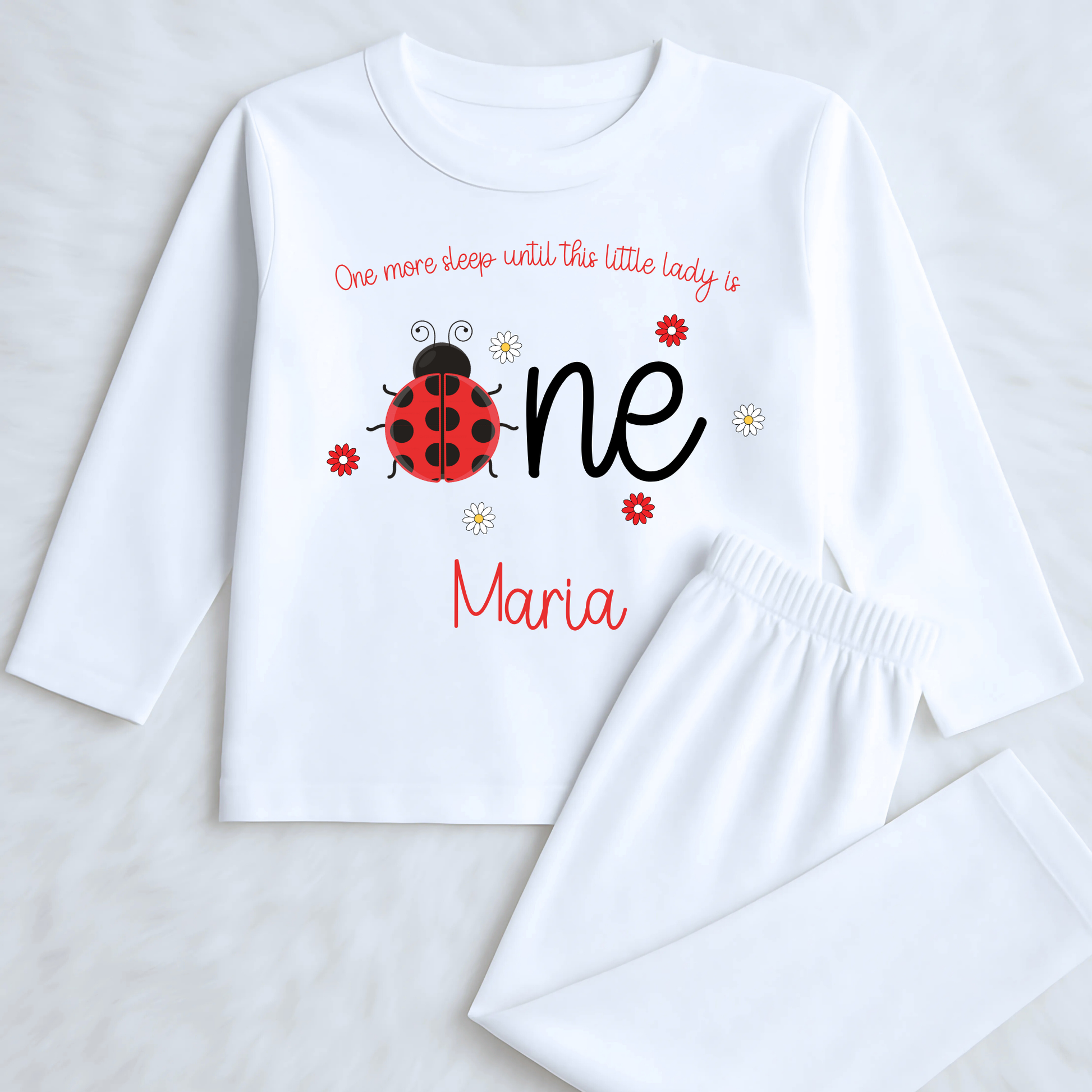 personalised 1st birthday pyjamas, When I wake up one, I am one, custom name pajamas, ladybird birthday pyjamas