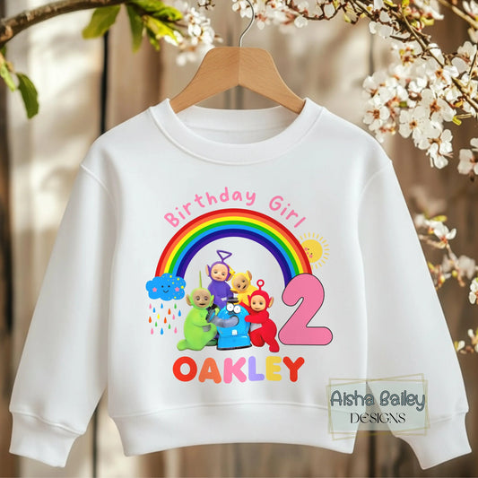 Teletubbies Birthday Sweatshirt for Girls: Personalised Teletubbies Birthday, custom name sweatshirt. Personalised 1st 2nd 3rd birthday