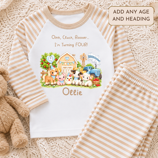 Personalised Farm Animal Birthday Pyjamas with cute watercolour farm animals, blue tractor, child's name and age. Sage green, beige or baby blue stripes.