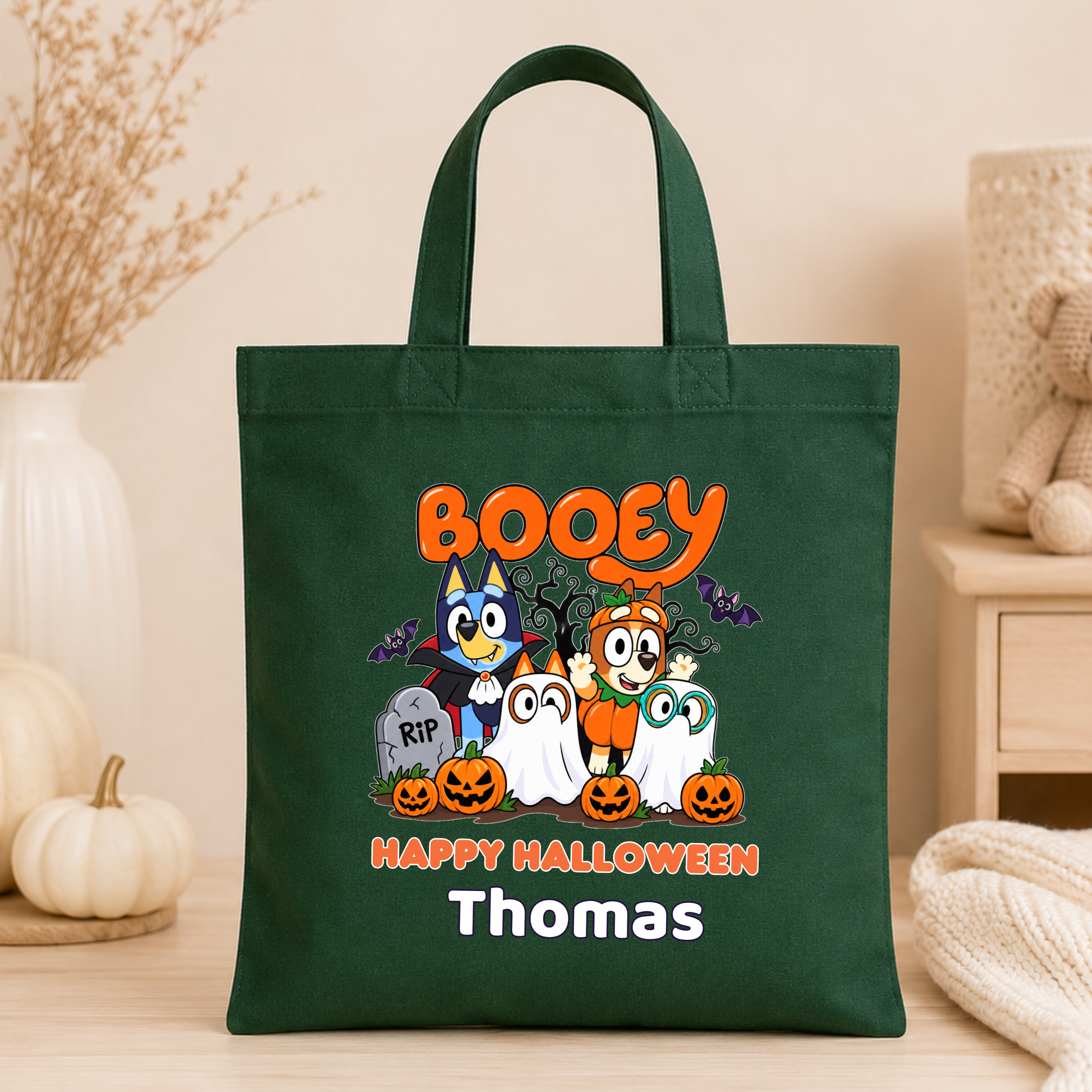 Kids Personalised Halloween Trick or Treat Bag with name, Bluey character design, pumpkins, ghosts and bats in purple, violet, white and pink