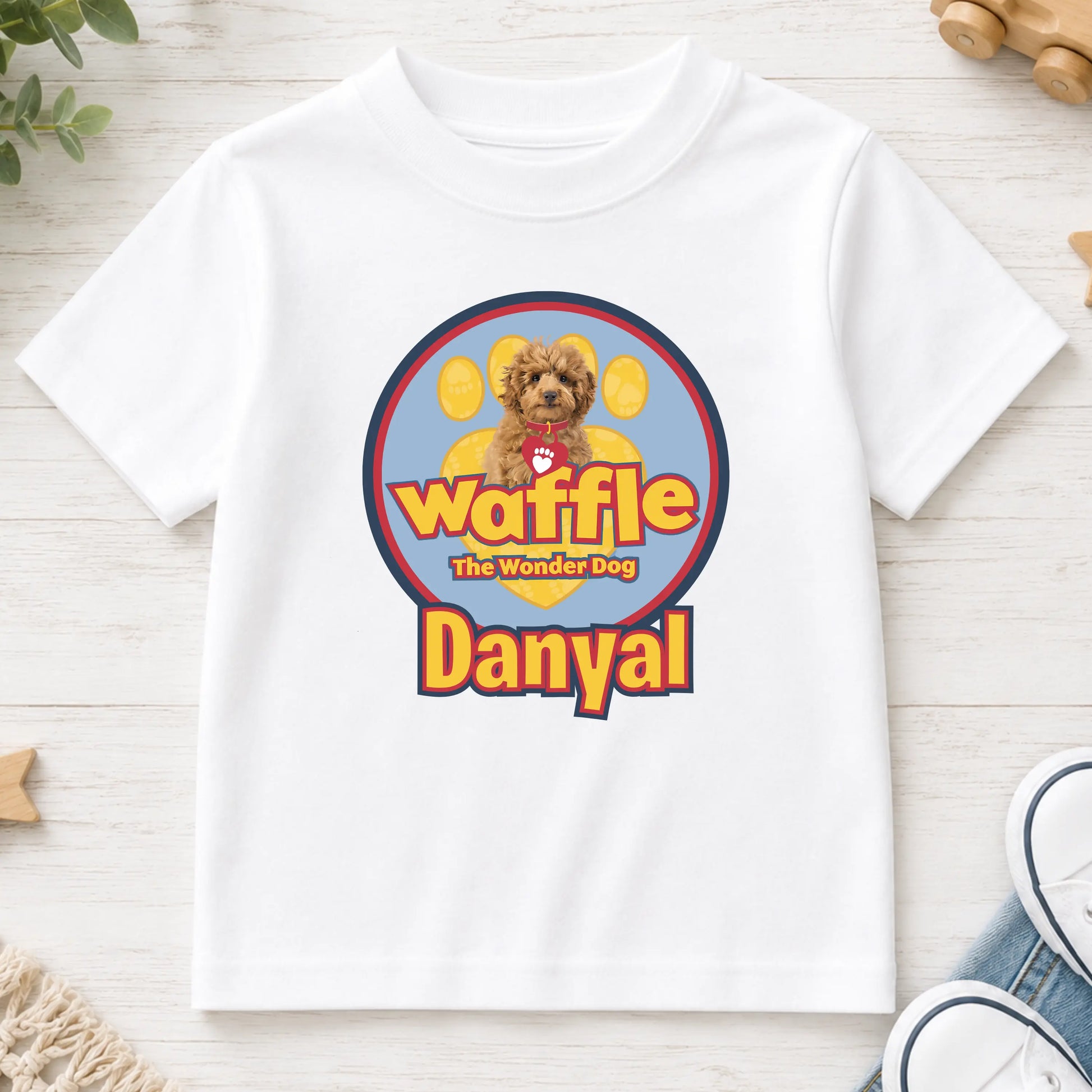 Personalised Boys Waffle t-shirt for Everyday Wear: Waffle the Wonder Dog AishaBaileyDesigns
