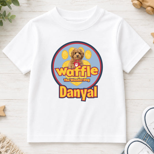 Personalised Boys Waffle t-shirt for Everyday Wear: Waffle the Wonder Dog AishaBaileyDesigns