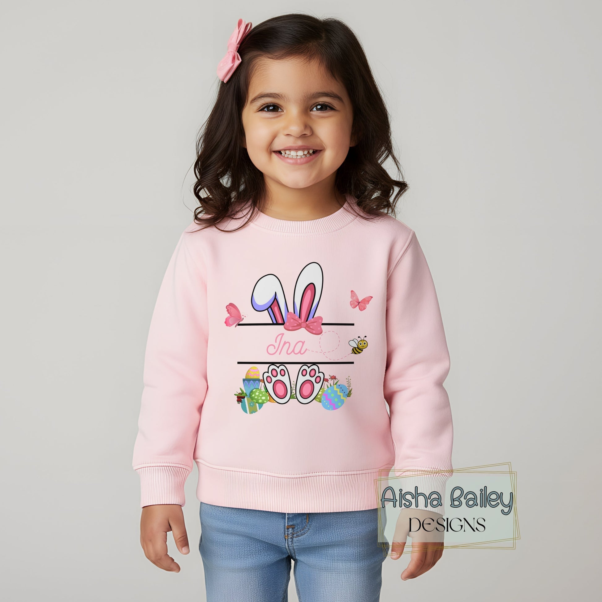 Personalised Easter Top for girls with a white rabbit and custom name. Choice of t-shirt or sweatshirt