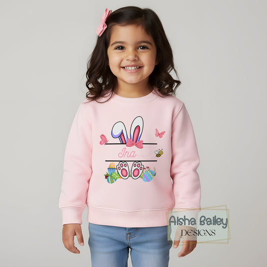 Personalised Easter Top for girls with a white rabbit and custom name. Choice of t-shirt or sweatshirt