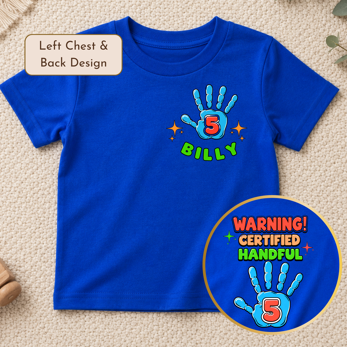 Personalised 5th Birthday T-shirt: Warning! Certified Handful Tee for Boys
