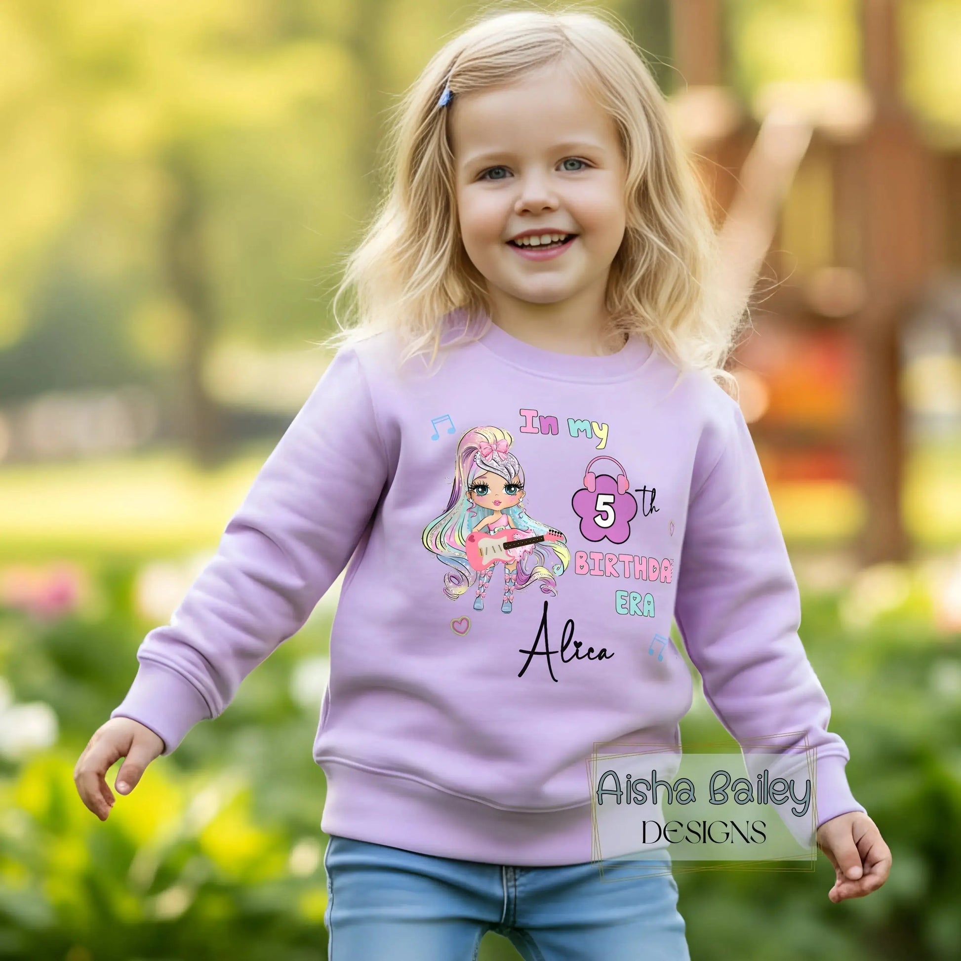 Personalised Girls Birthday Sweatshirt:  In My Birthday Era glitter-effect doll birthday sweatshirt with custom name and age, girls cosy birthday jumper no real glitter