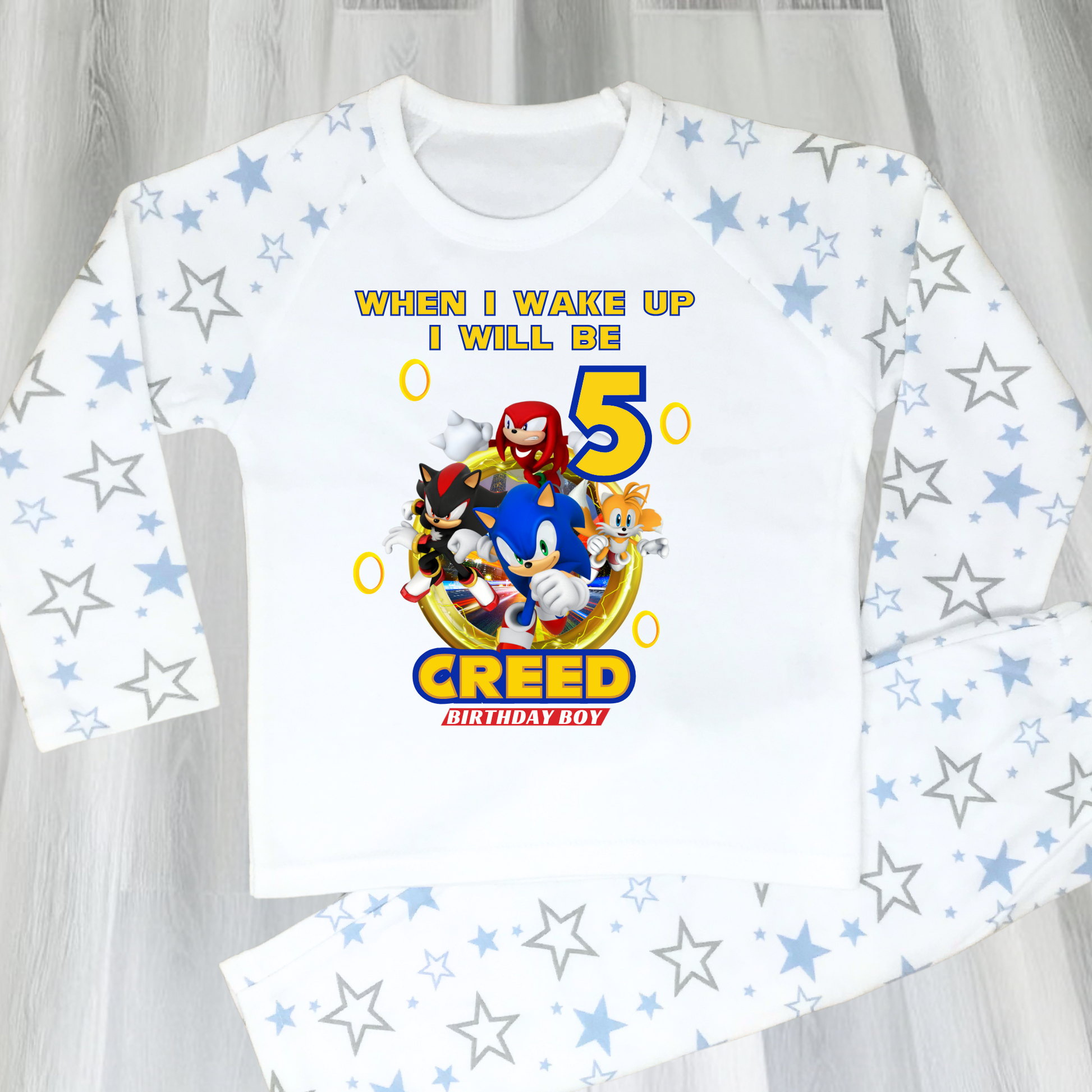 Boys Sonic birthday pyjamas, boys personalised sonic, gamers birthday pjs, sonic the hegehog pjs, sonic birthday pajamas