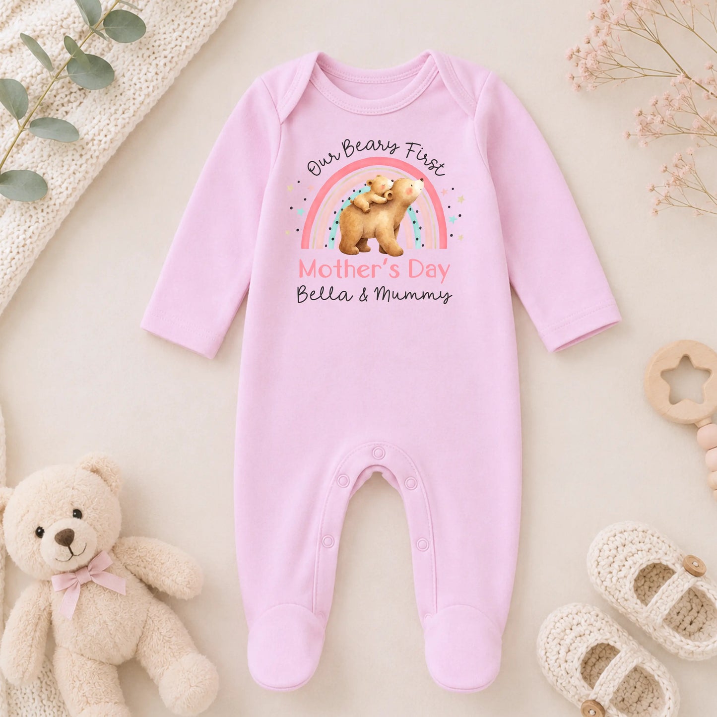 Personalised Baby Girls 1st Mother’s Day Outfit Beary First Mothers Day Sleepsuit Vest Tee Bib AishaBaileyDesigns