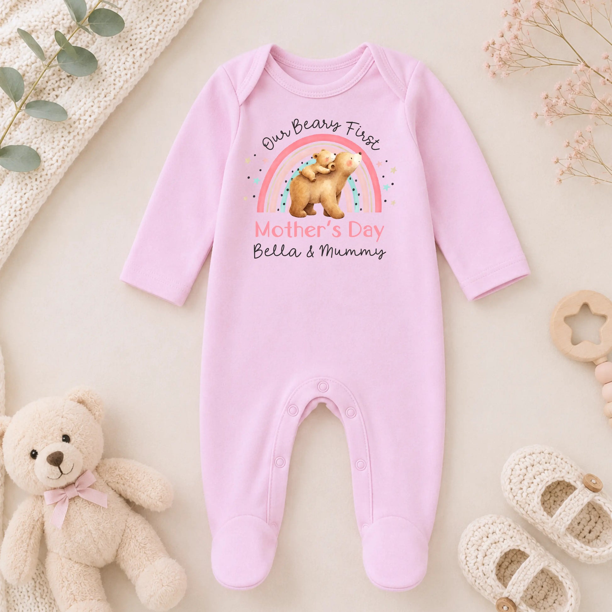 Personalised Baby Girls 1st Mother’s Day Outfit Beary First Mothers Day Sleepsuit Vest Tee Bib AishaBaileyDesigns