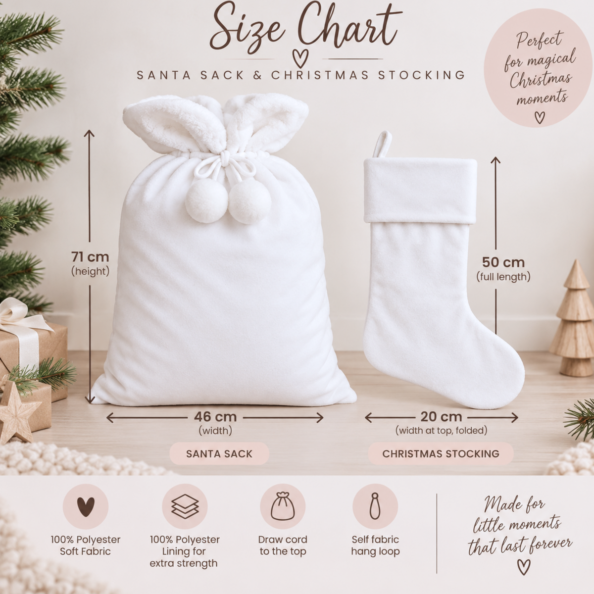 Personalised Christmas Stocking and Sack with pink Christmas fairies, festive tree and custom child’s name, available individually or as a matching set.