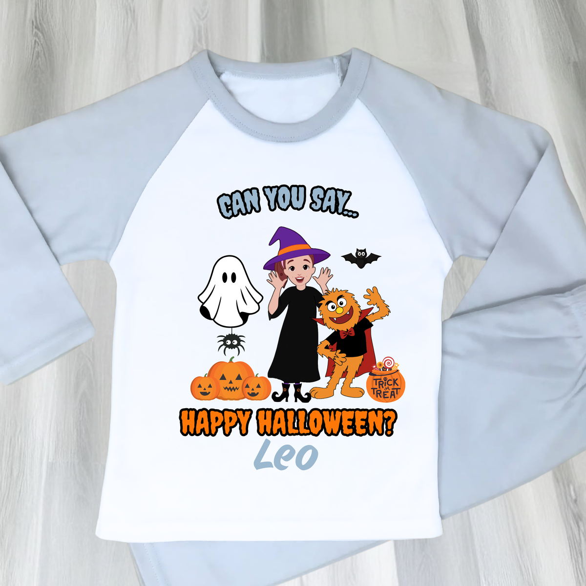 Boys Personalised Ms Rachel Halloween Pyjamas with name print and cute spooky design
