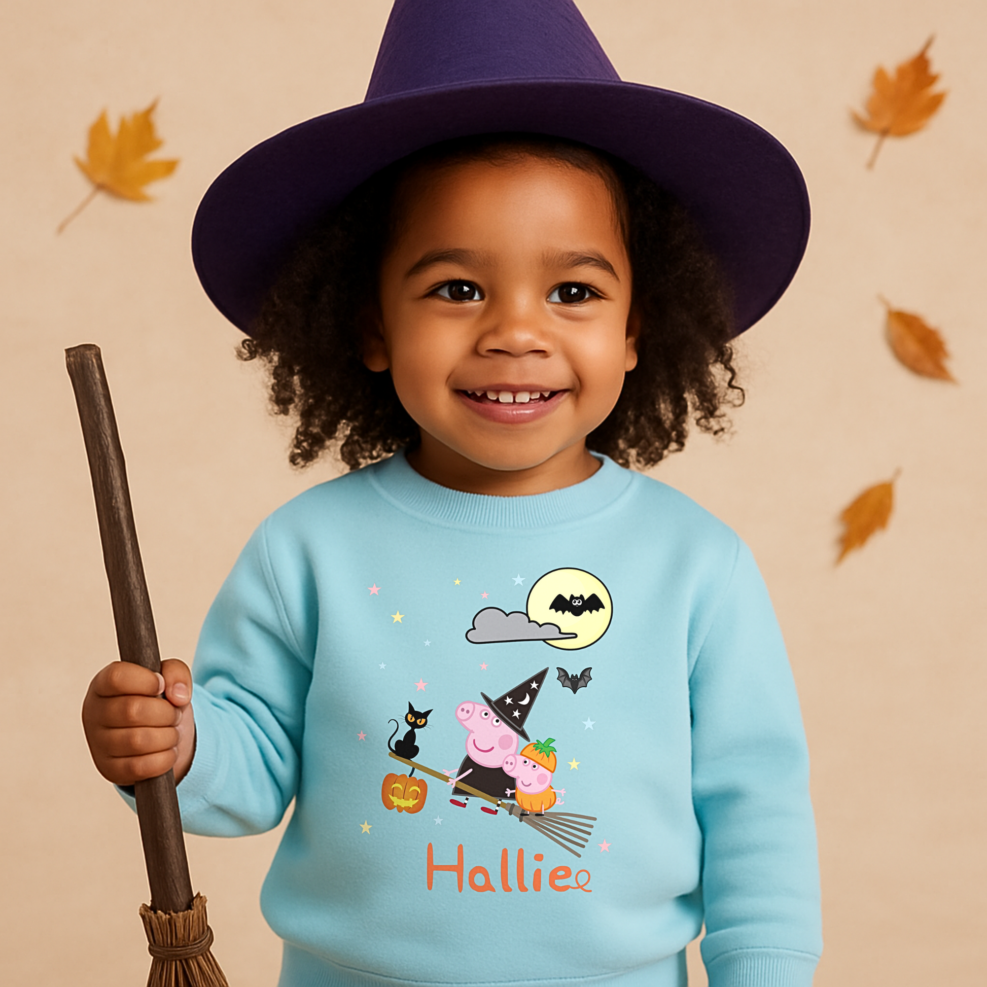 personalised halloween sweatshirt, Personalised Peppa Pig Halloween sweatshirt for kids with witch design and custom name