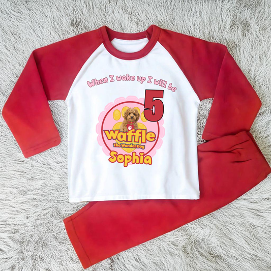 waffle birthday pyjamas, when i wake up waffle, girls waffle the wondedog, custom name pyjamas