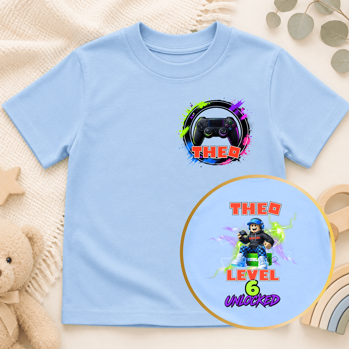 Personalised Roblox Birthday T-Shirt for Boys with custom name, age, gaming controller and Level Unlocked front and back design