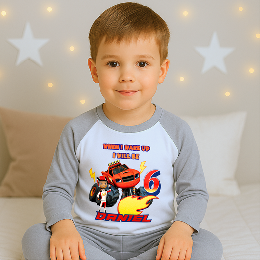 blaze birthday pyjamas, when i wake up blaze, Blaze and the monster machines, personalised boys pyjamas, children's birthday gift, custom toddler pyjamas with name