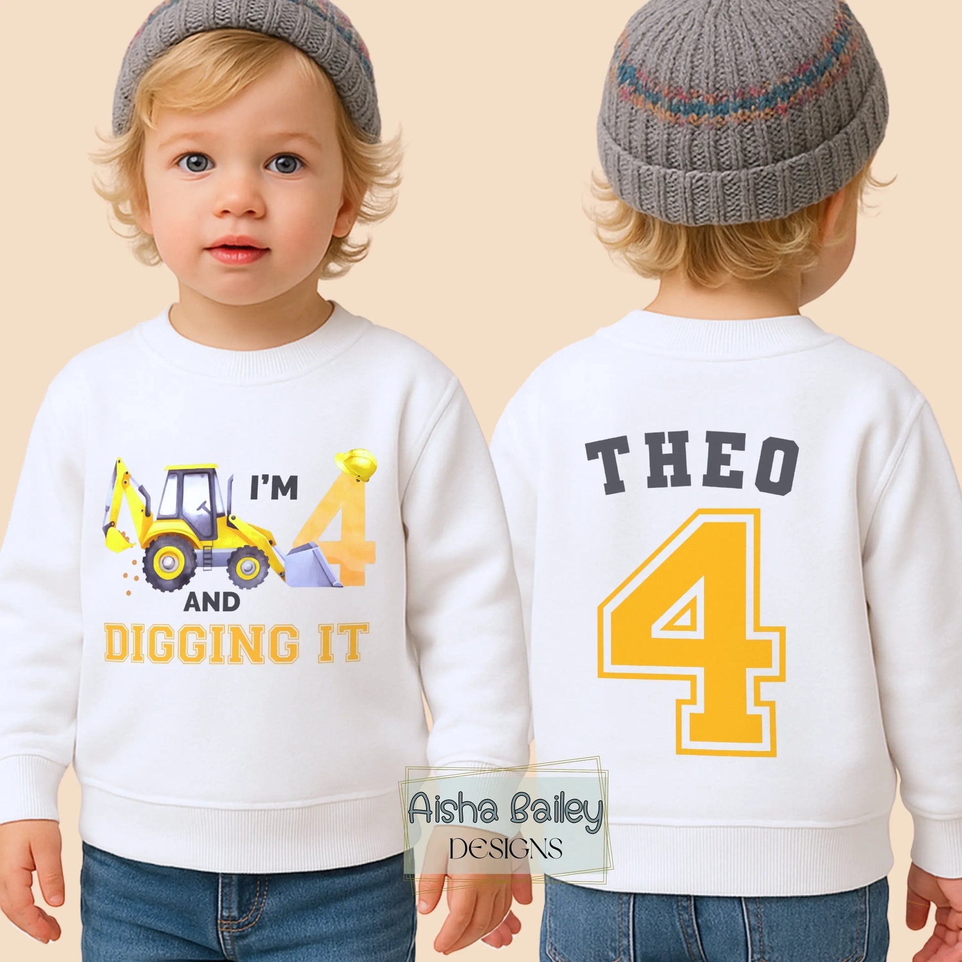Boys personalised Digger birthday sweatshirt with custom name and age and backprint. Construction Digger birthday girft for boys