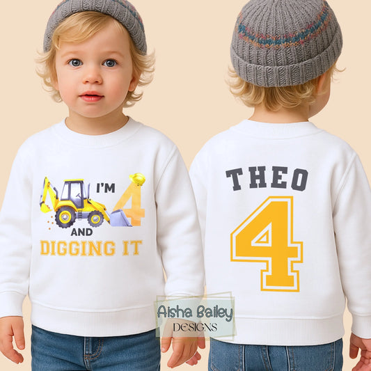 Boys personalised Digger birthday sweatshirt with custom name and age and backprint. Construction Digger birthday girft for boys