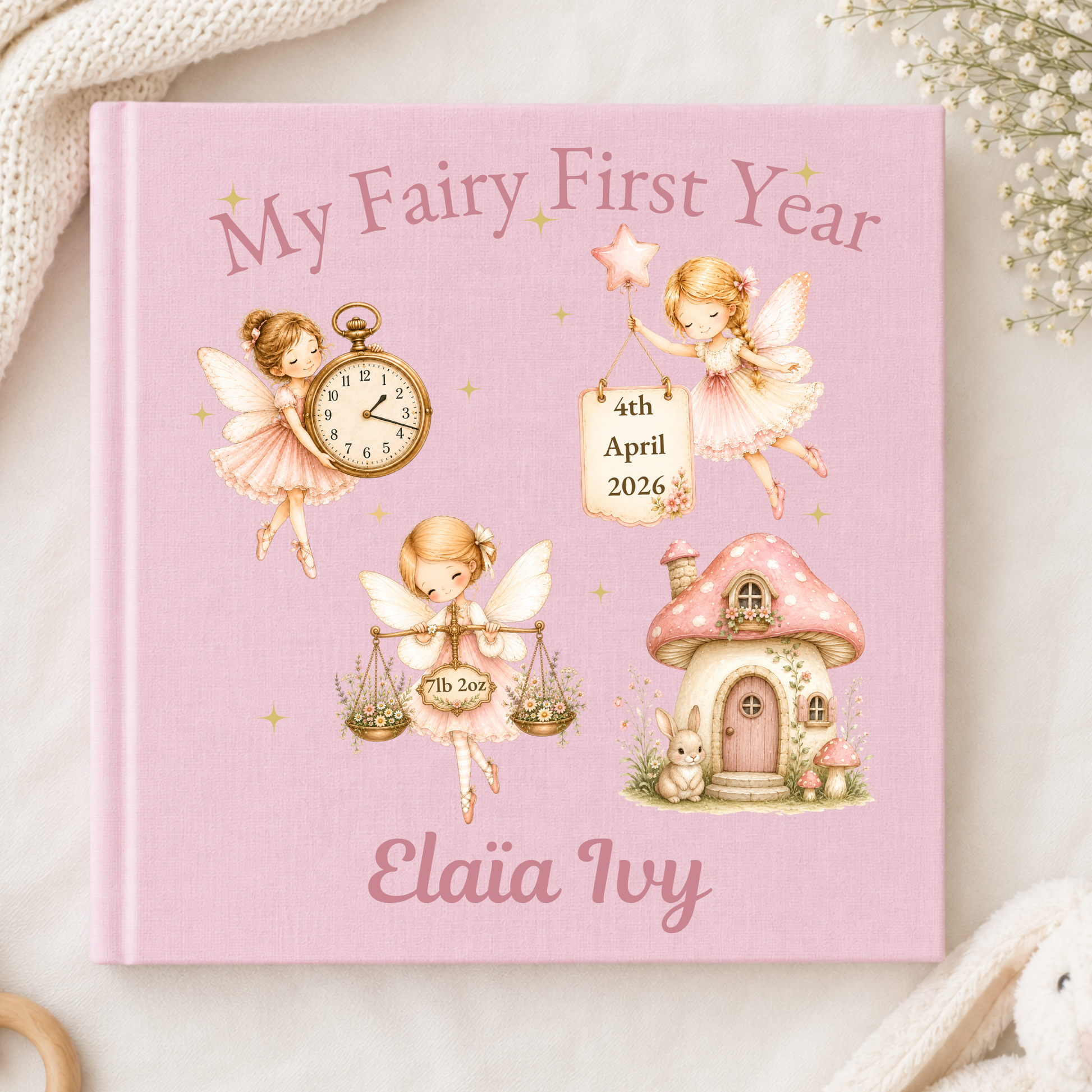 Personalised Baby Photo Album My Fairy First Year in pink or white, personalised with baby's name, birth date, time and weight.