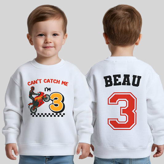 Motorbike Birthday Sweatshirt: Personalised motorbike birthday T-shirt with custom name and age and Lightning Mcqueen inspired design