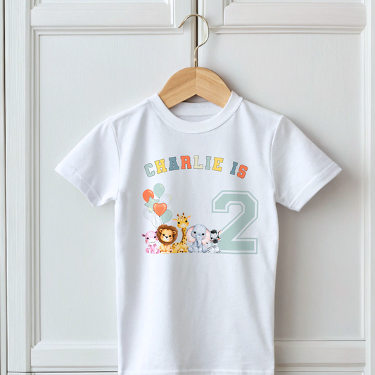 Animal birthday t-shirt, A white t-shirt featuring a vibrant graphic with sage, and neutral tones, showcasing a personalized birthday boy design. The graphic includes the boys name and an age-representing number. It incorporates a lively safari jungle animal theme adorned with colourful birthday balloons. This t-shirt makes an ideal birthday gift for a toddler safari-themed birthday party celebration, adding a personalised touch to the festivities.