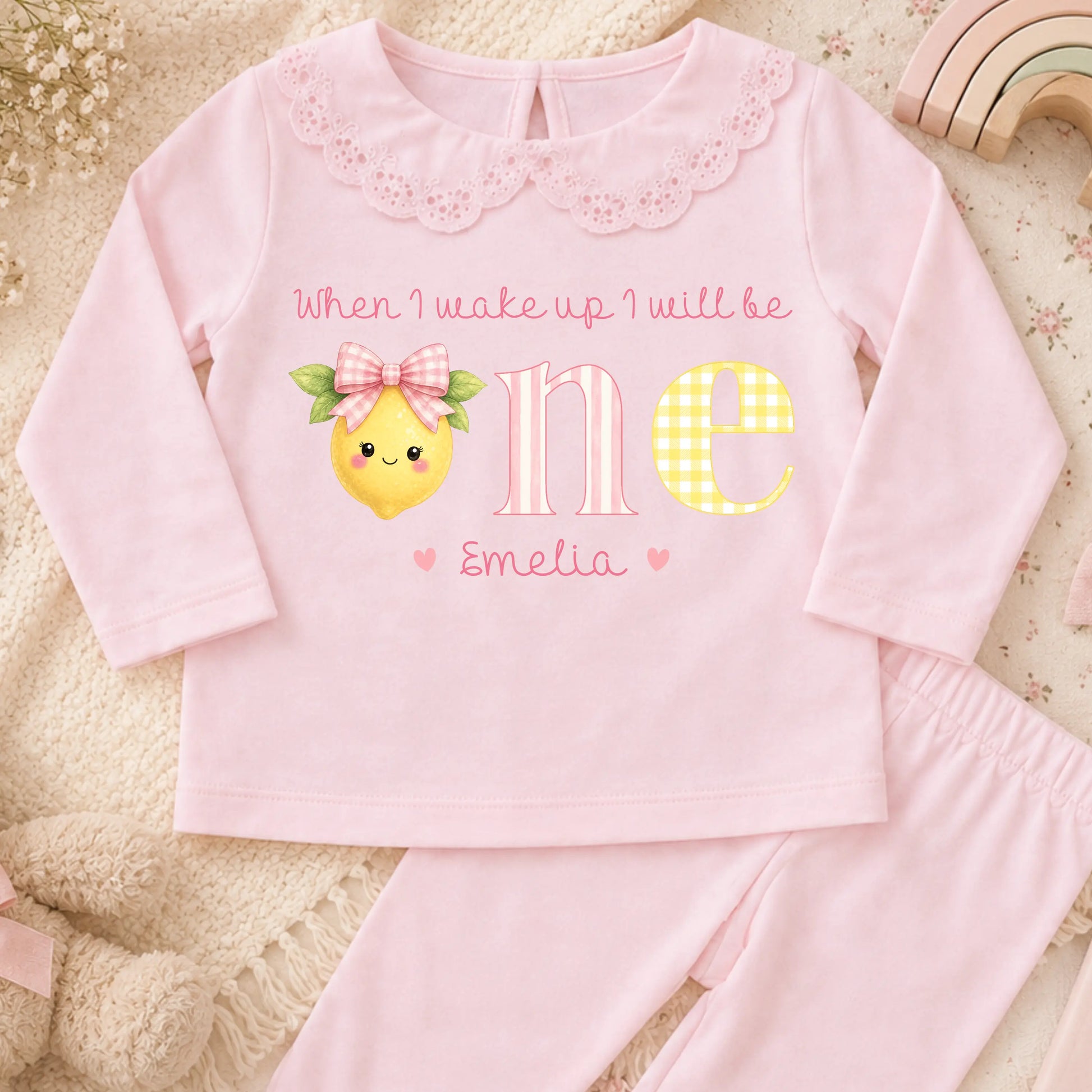 Personalised Pink Lemon 1st Birthday Pyjamas for Baby Girls AishaBaileyDesigns