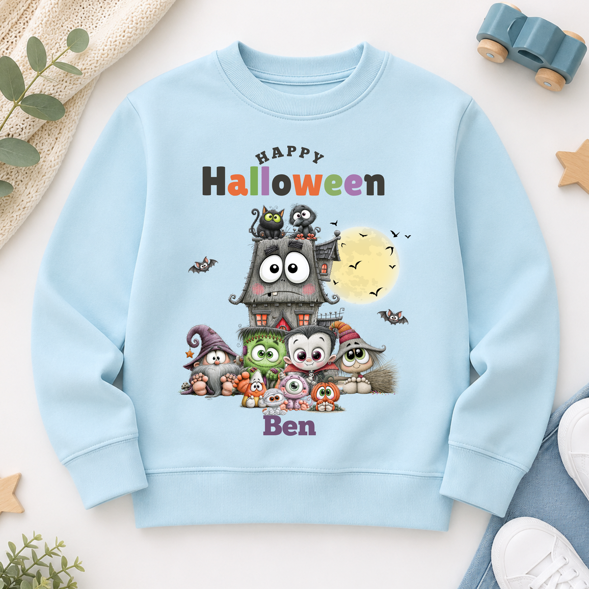 Personalised Halloween Sweatshirt for kids with cute monsters, haunted house, moon, bats and child's name