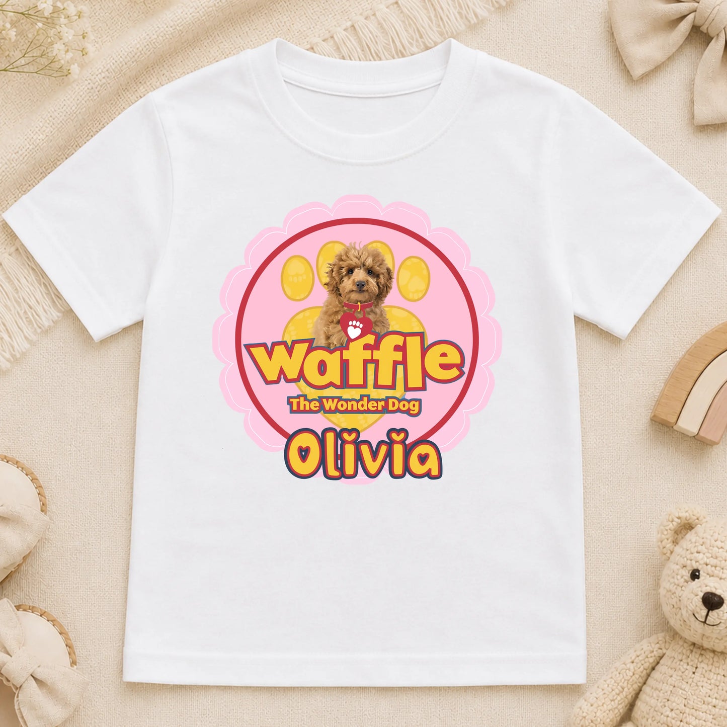 Girls Personalised Waffle t-shirt for Everyday Wear: Waffle the Wonder Dog AishaBaileyDesigns